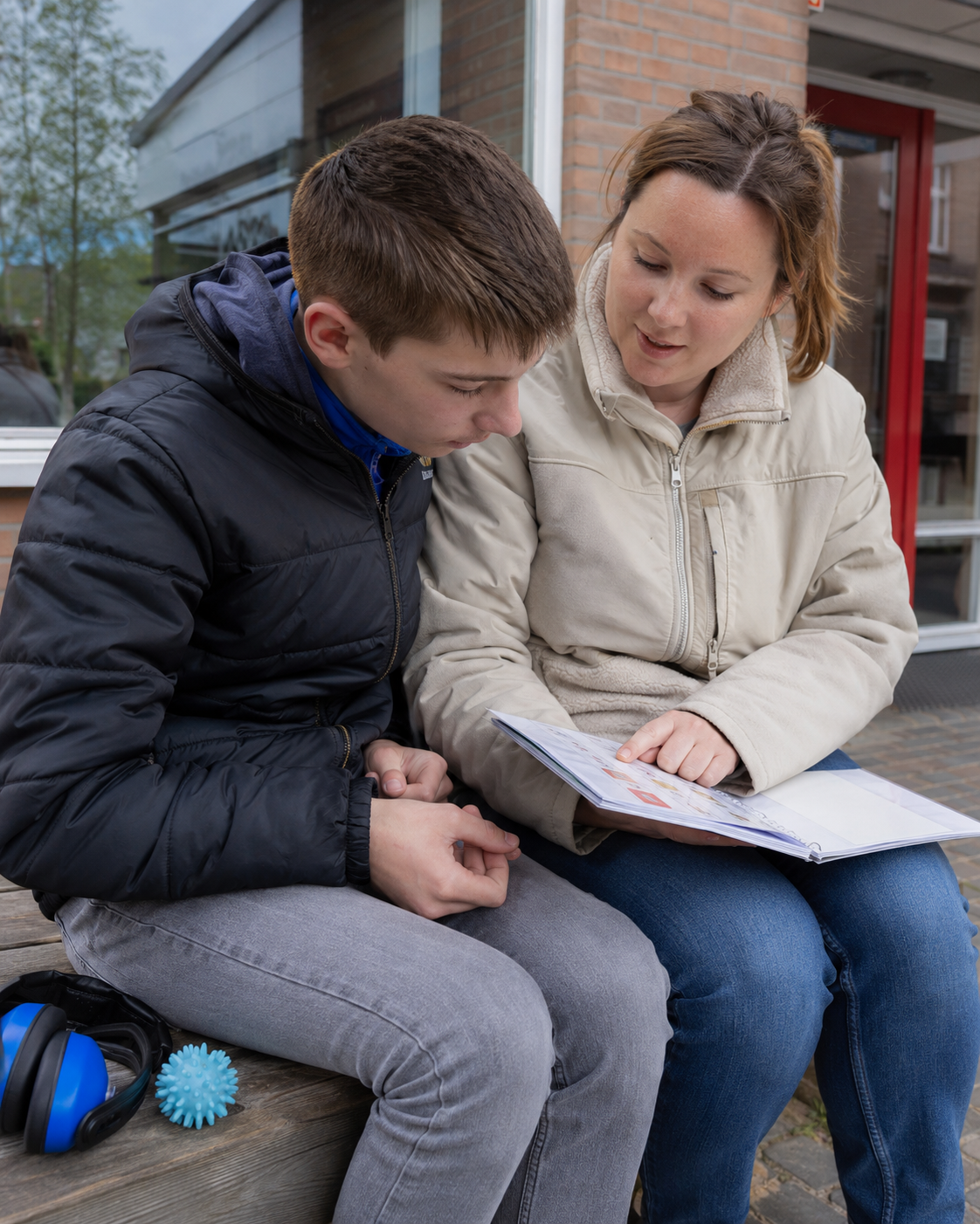 Begeleider en jongere kijken samen naar een programma